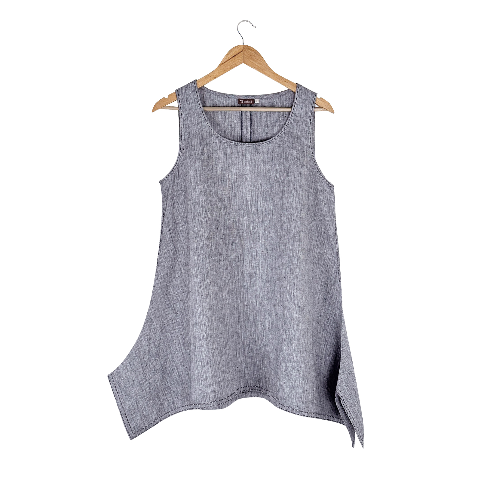 Gray sleeveless tunic top on a wooden hanger, front view, lightweight denim-like fabric