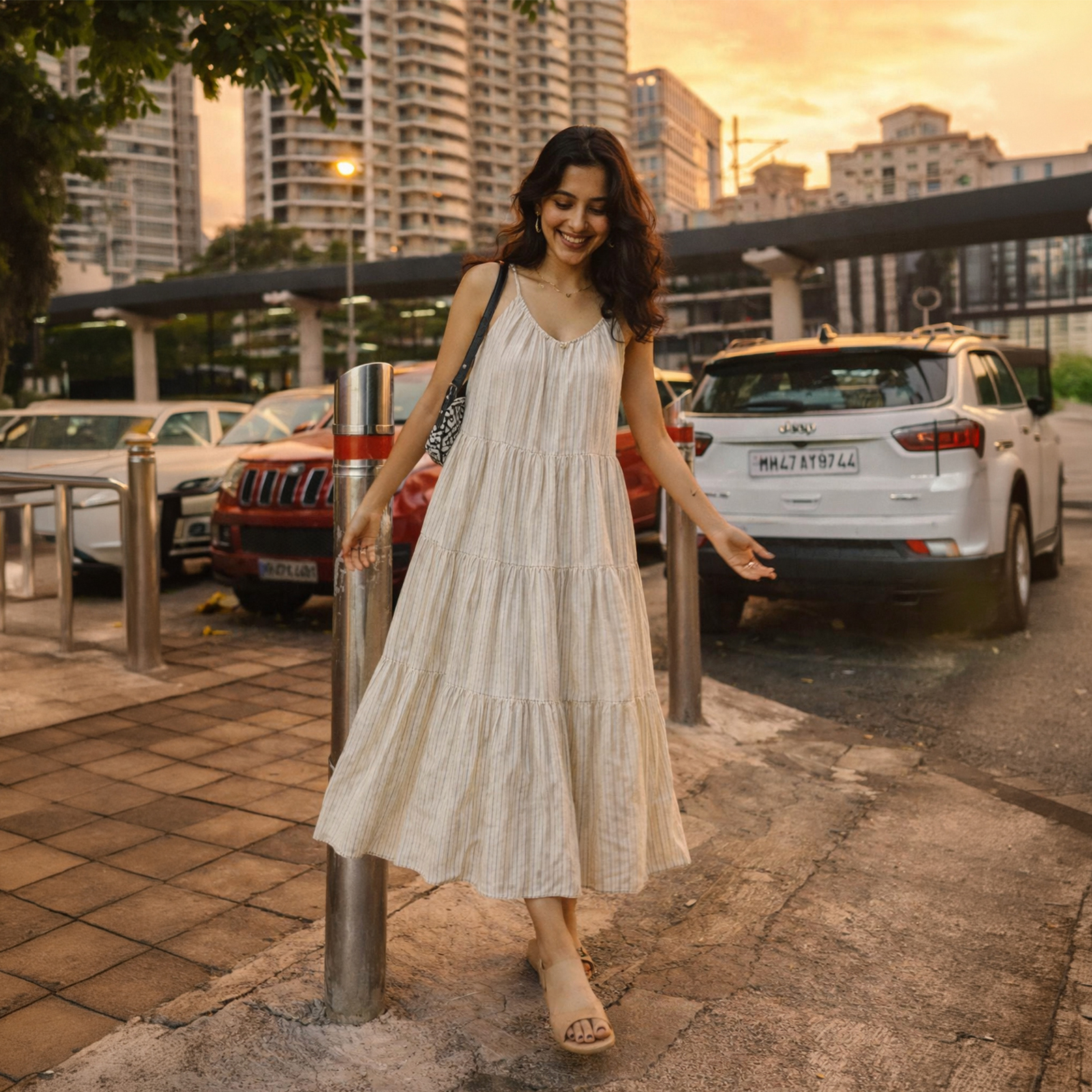 Woman in a flowing beige striped maxi dress walking along a city sidewalk at sunset, smiling.
