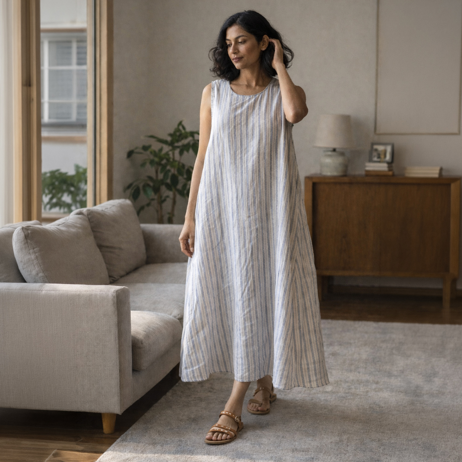 Woman wearing a light blue and white striped sleeveless maxi dress, standing in a living room with a sofa and sideboard.